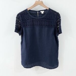 J. Crew Crochet Detail Linen Navy Blouse